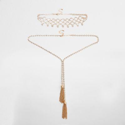 River Island Womens Gold Tone Diamante Tassel Necklace Set
