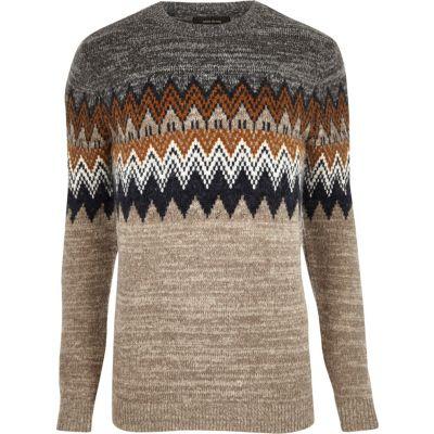 River Island Mensbrown Fairisle Knit Sweater