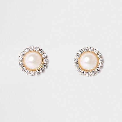 River Island Womens Gold Tone Round Rhinestone Pearl Stud Earrings