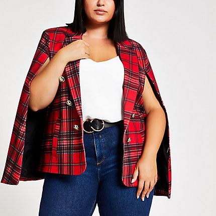 River Island Womens Plus Tartan Crested Button Cape Blazer