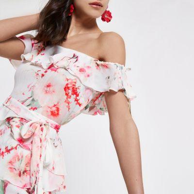River Island Womens Short Sleeve Floral Frill Bardot Top