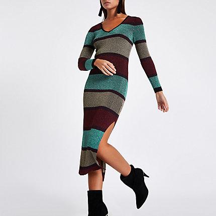 River Island Womens Stripe V Neck Bodycon Midi Dress