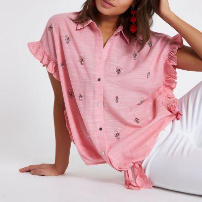 River Island Womens Embellished Short Frill Sleeve Shirt