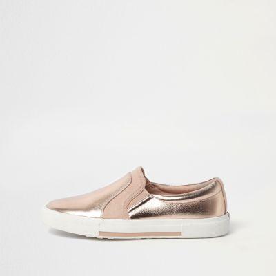 River Island Womens Rose Gold Metallic Slip On Plimsolls
