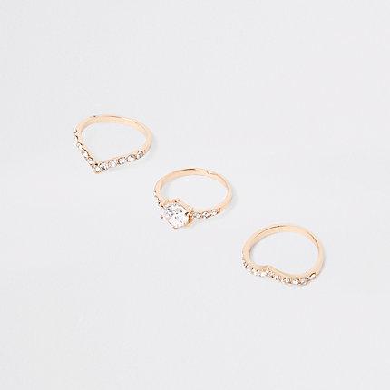River Island Womens Gold Tone Rhinestone Ring Multipack