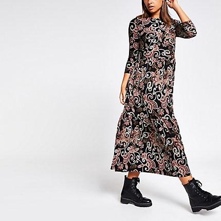 River Island Womens Paisley Long Sleeve Tiered Smock Dress