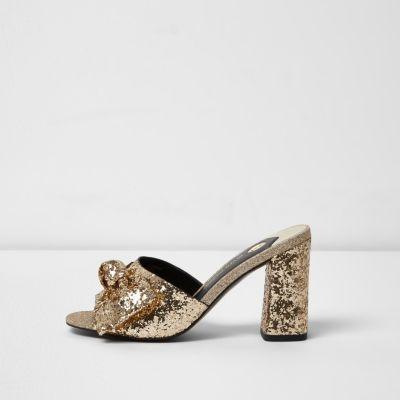 River Island Womens Gold Glitter Bow Block Heel Mules