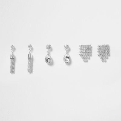 River Island Womens Silver Tone Diamante Drop Earrings Pack