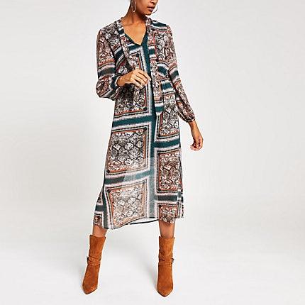 River Island Womens Printed Long Sleeve Waisted Midi Dress