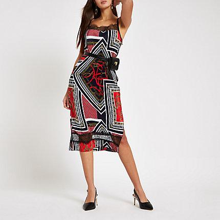 River Island Womens Chain Print Plisse Lace Slip Dress
