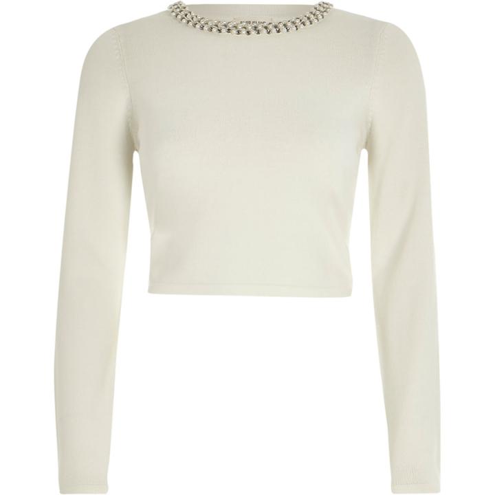 River Island Womens White Fitted Pearl Trim Crop Top