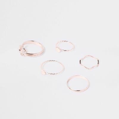 River Island Womens Rose Gold Tone Knot And Circle Top Ring Pack