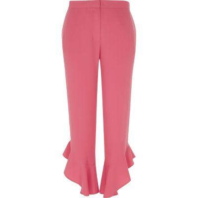 River Island Womens Frill Hem Straight Leg Cropped Trousers