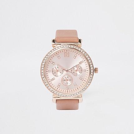 River Island Womens Rose Gold Rhinestone Croc Embossed Watch