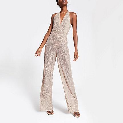 River Island Womens Silver Sequin Wide Leg Jumpsuit