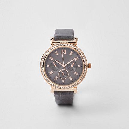 River Island Womens Gold Diamante Croc Embossed Watch