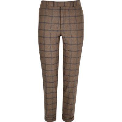 River Island Mens Checked Skinny Cropped Suit Pants