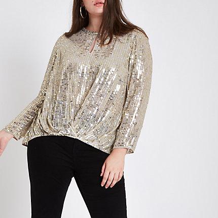 River Island Womens Plus Gold Sequin Tuck Front Long Sleeve Top