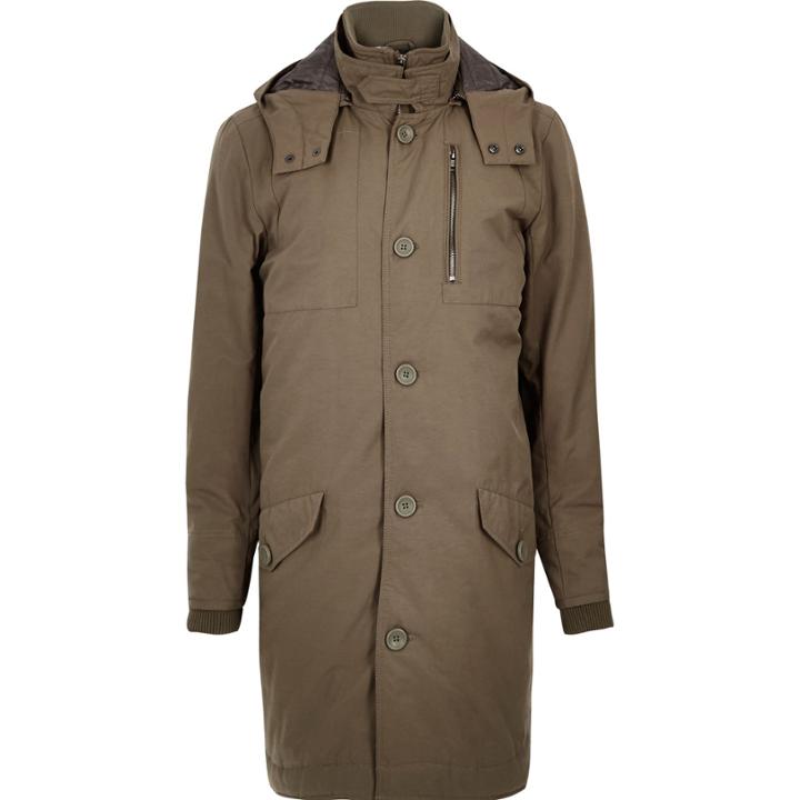 River Island Menskhaki High Neck Parka Coat
