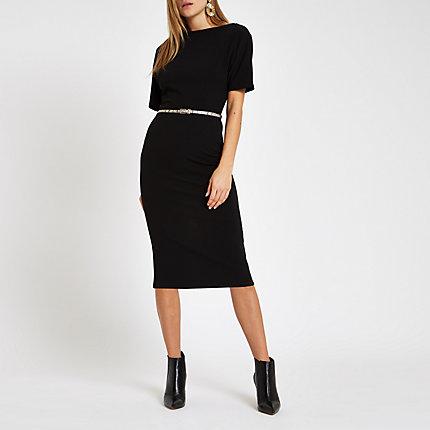 River Island Womens Boat Neck Belted Bodycon Midi Dress