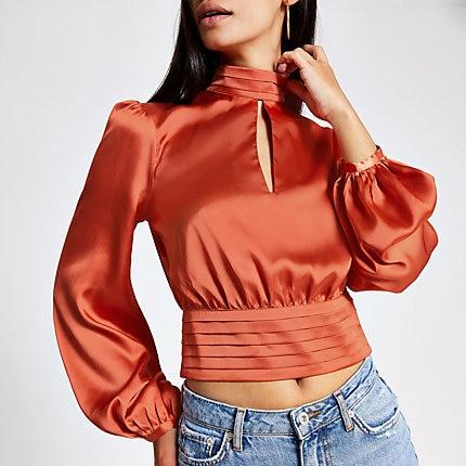River Island Womens Copper Puff Sleeve Tie Back Crop Top