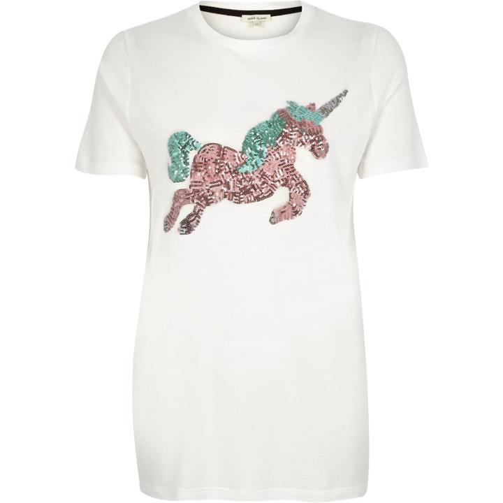 River Island Womens Sequin Unicorn Print Fitted T-shirt