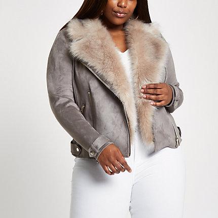 River Island Womens Plus Faux Fur Collar Biker Jacket