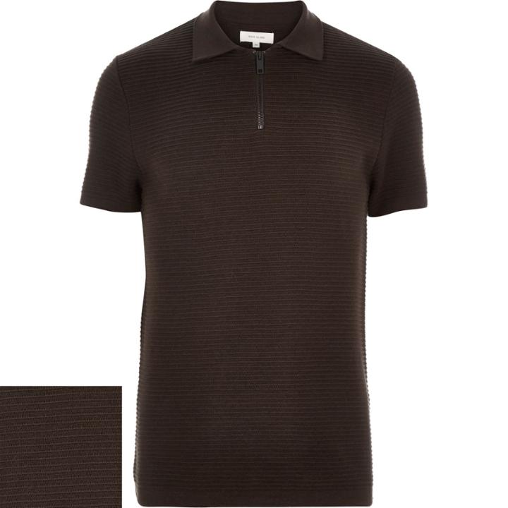 River Island Mensdark Zip Neck Ribbed Polo Shirt