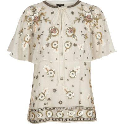 River Island Womens White Floral Embellished Cape Top