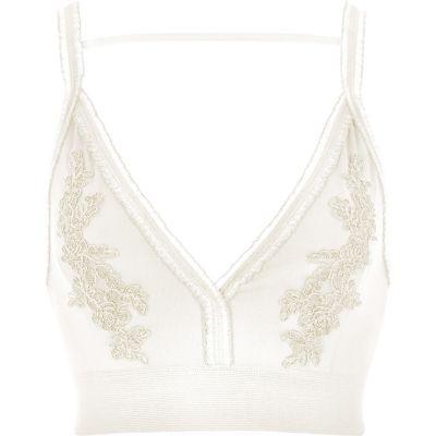 River Island Womens White Floral Embroidered Tulle Trim Bralette