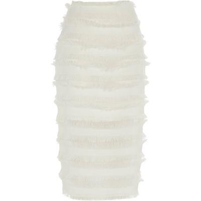 River Island Womens White Frayed Detail Pencil Skirt