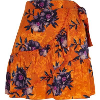 River Island Womens Floral Jacquard Frill Wrap Mini Skirt