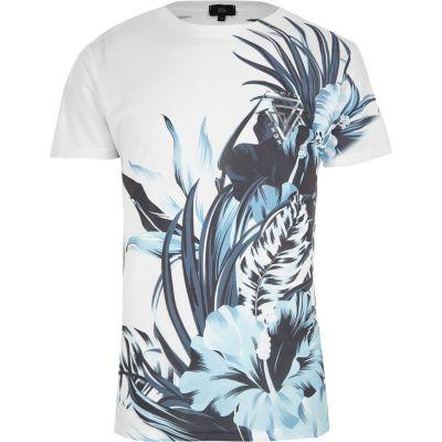 River Island Mens White Tropical Print Slim Fit Crew T-shirt