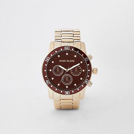 River Island Mens Gold Tone Three Dials Chain Link Watch