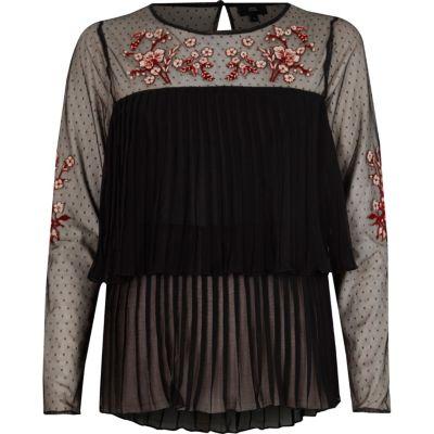 River Island Womens Pleated Floral Embroidered Mesh Top