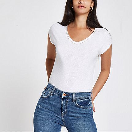 River Island Womens White Rhinestone Trim V Neck Slouch T-shirt