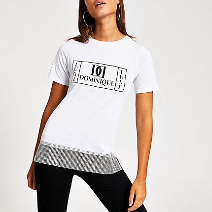 River Island Womens White Printed Diamante Chain Hem T-shirt