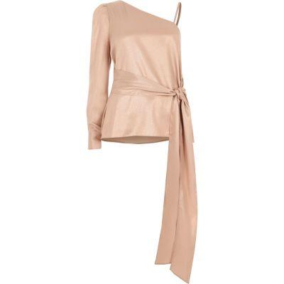 River Island Womens Nude Metallic One Shoulder Puff Sleeve Top