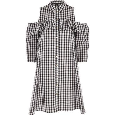 River Island Womens Gingham Cold Shoulder Frill Shirt Dress