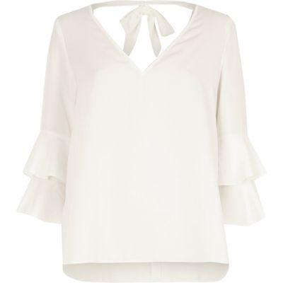 River Island Womens White Double Bell Sleeve Tie Back V Neck Top
