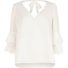 River Island Womens White Double Bell Sleeve Tie Back V Neck Top