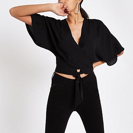 River Island Womens Tie Front Kimono Sleeve Crop Top