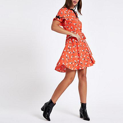 River Island Womens Print Velvet Piped Tie Waist Midi Dress