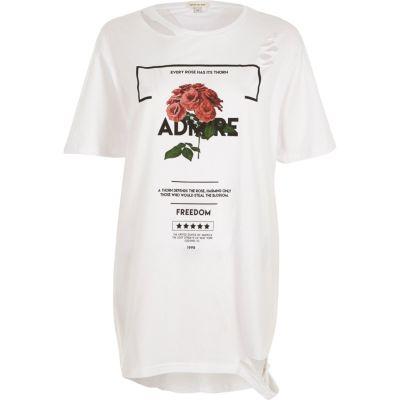 River Island Womens White Rose Print Distressed Boyfriend T-shirt