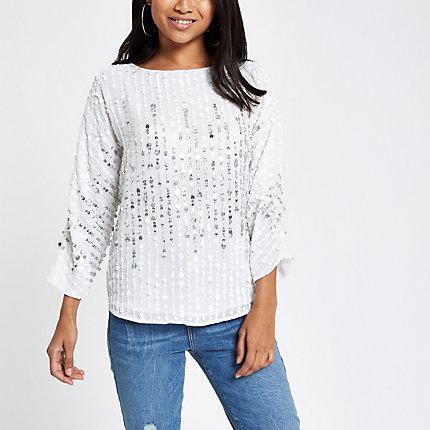 River Island Womens Petite White Sequin Embellished Top