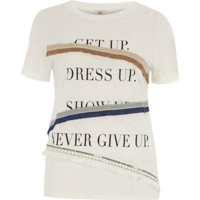 River Island Womens White 'get Up' Fringe Trim T-shirt