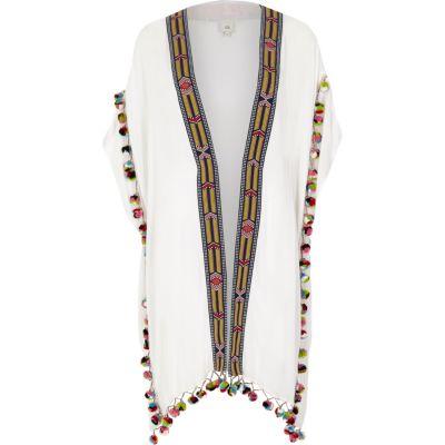 River Island Womens White Embroidered Pom Pom Trim Kimono