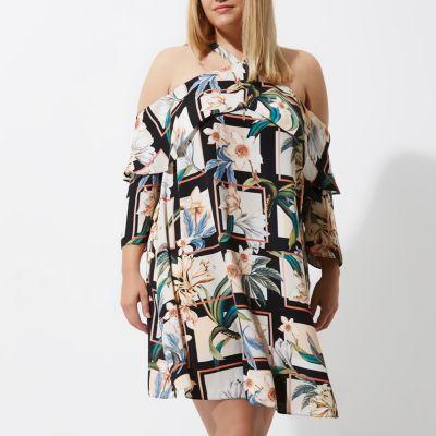 River Island Womens Plus Floral Grid Cold Shoulder Dress