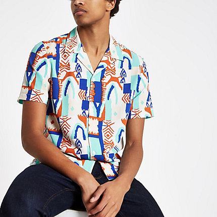 River Island Mens White Crepe Geo Print Revere Shirt