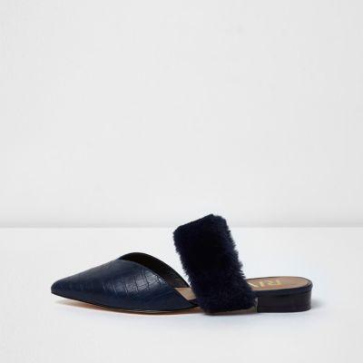 River Island Womens Croc Faux Fur Strap Pointed Mules